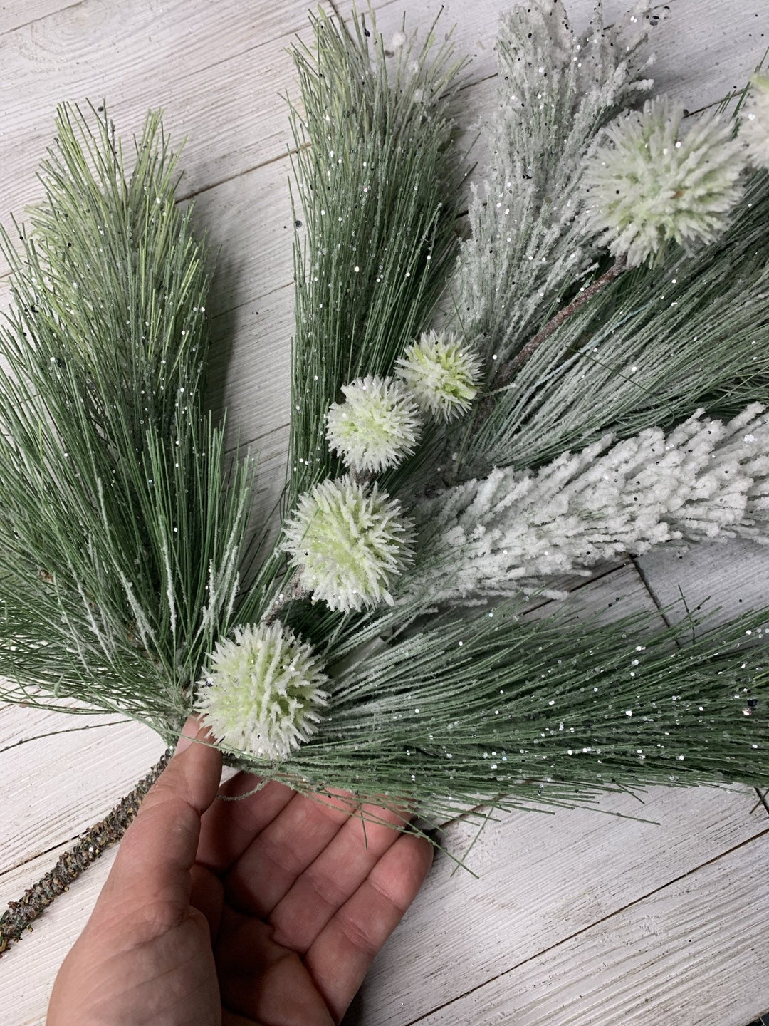 Frosted and flocked winter pompom pine spray - Greenery Marketgreenery26047