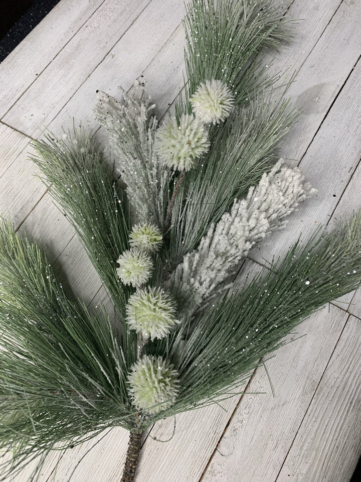 Frosted and flocked winter pompom pine spray - Greenery Marketgreenery26047