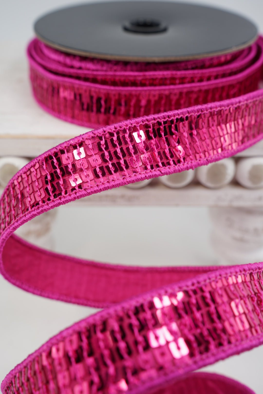 Fuchsia Pink Sequin Wired Edge Ribbon - 1" - Greenery MarketWired Ribbon257780