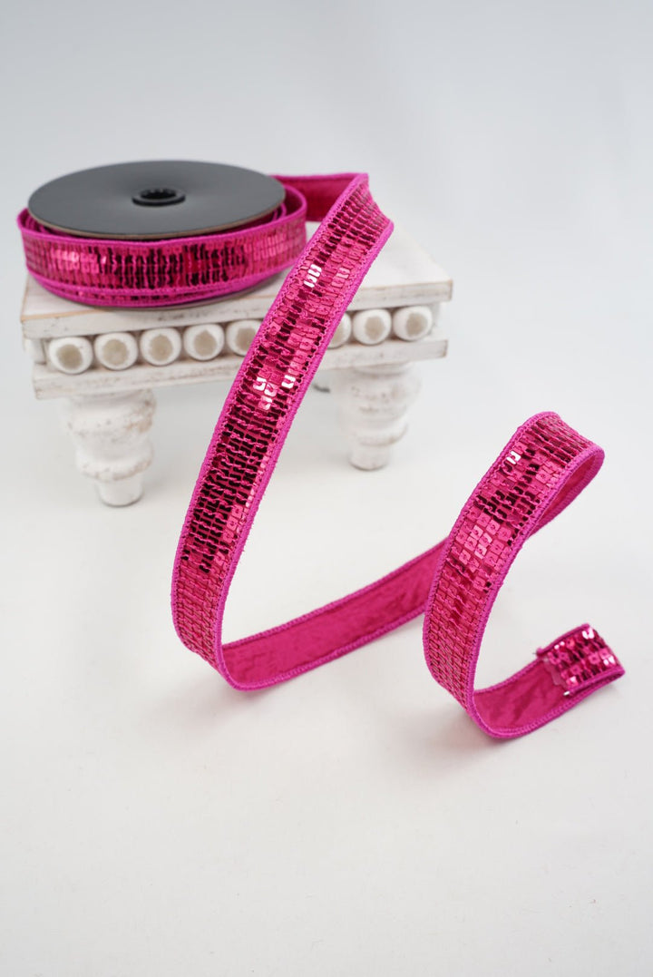 Fuchsia Pink Sequin Wired Edge Ribbon - 1" - Greenery MarketWired Ribbon257780