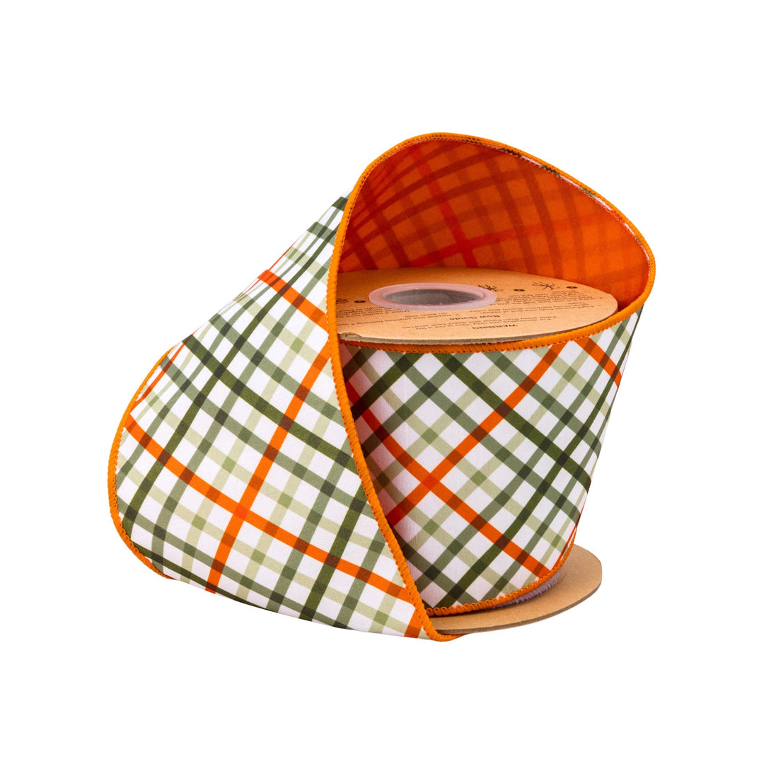 Garden Bias Plaid with Orange Backing Wired Dupioni Ribbon - 4" - Greenery MarketWired Ribbon9339W-750-100E