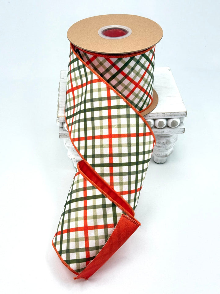 Garden Bias Plaid with Orange Backing Wired Dupioni Ribbon - 4" - Greenery MarketWired Ribbon9339W-750-100E