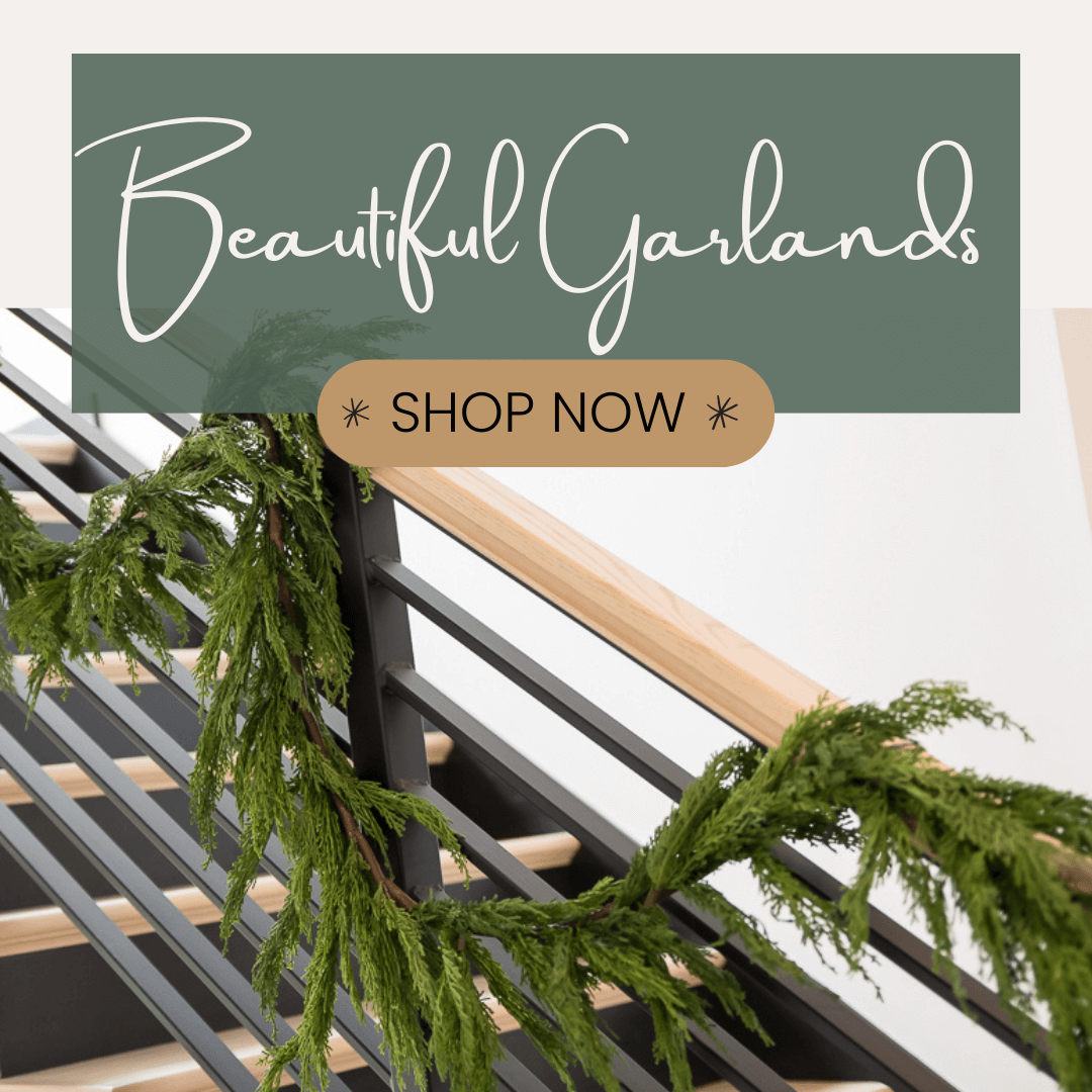 Green garland on a staircase with 'Beautiful Garlands' text and 'Shop Now' button.
