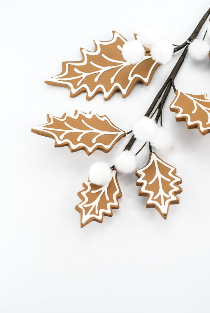 Gingerbread holly spray with white berries - Greenery MarketXS0932