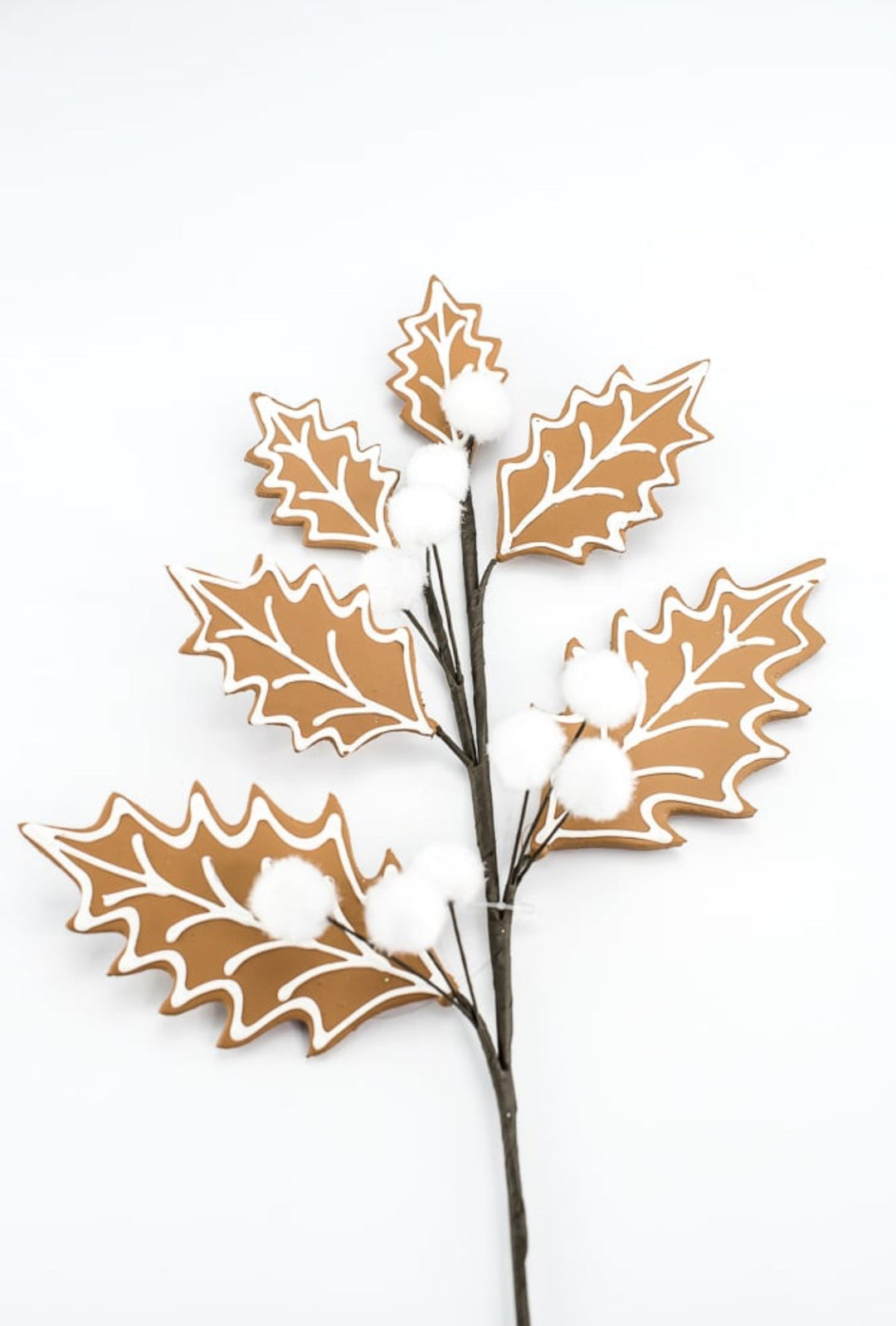 Gingerbread holly spray with white berries - Greenery MarketXS0932