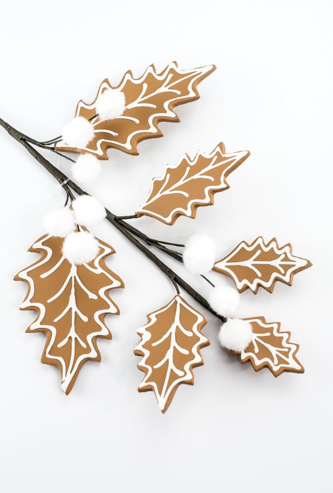 Gingerbread holly spray with white berries - Greenery MarketXS0932