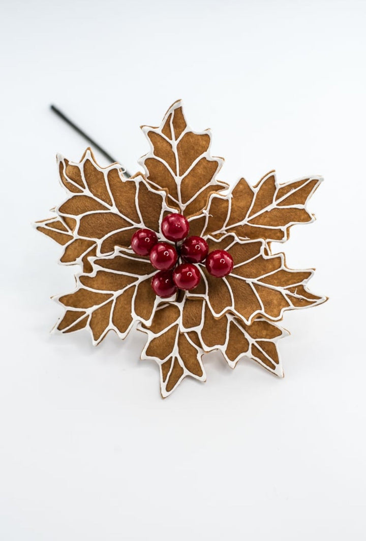 Gingerbread poinsettia stem with red berries - Greenery MarketXS3953