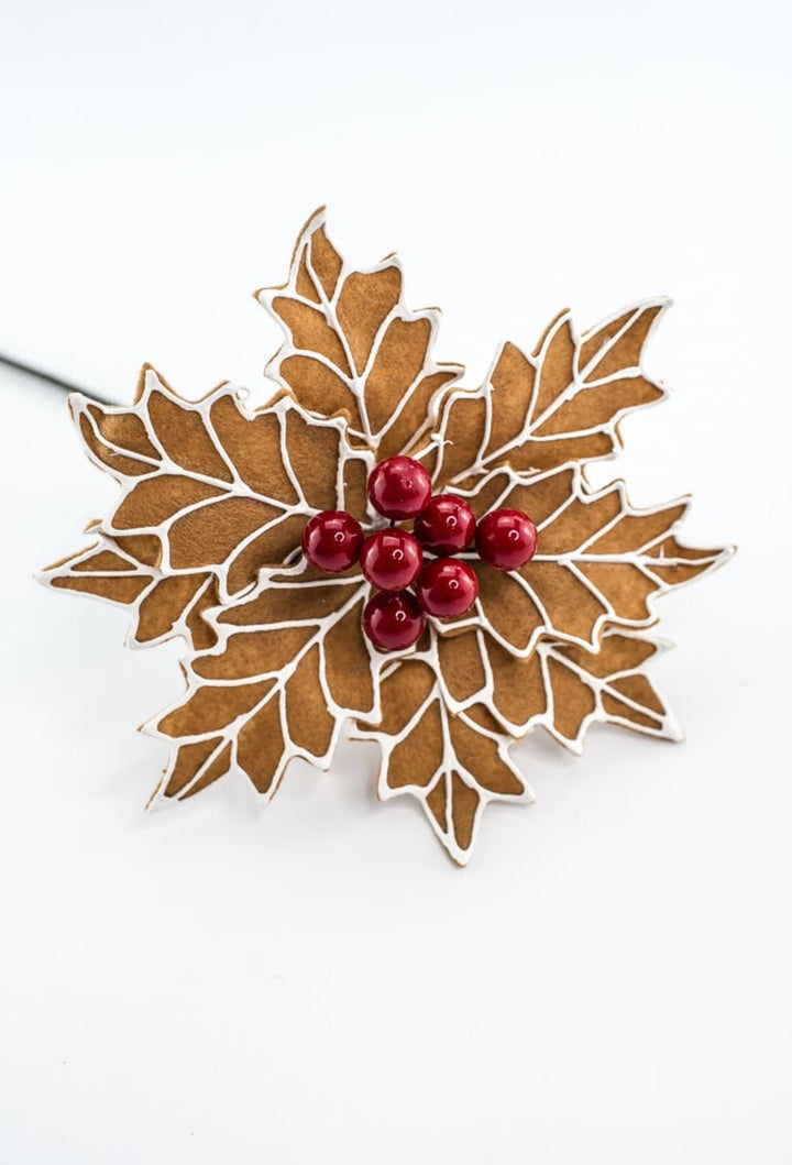 Gingerbread poinsettia stem with red berries - Greenery MarketXS3953