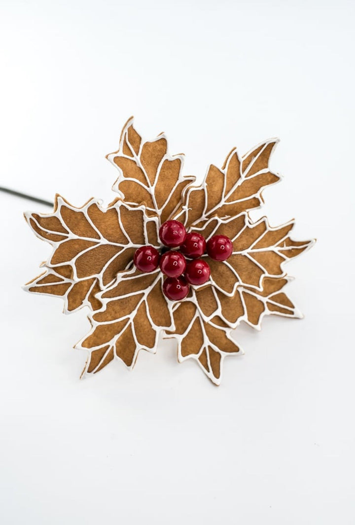 Gingerbread poinsettia stem with red berries - Greenery MarketXS3953