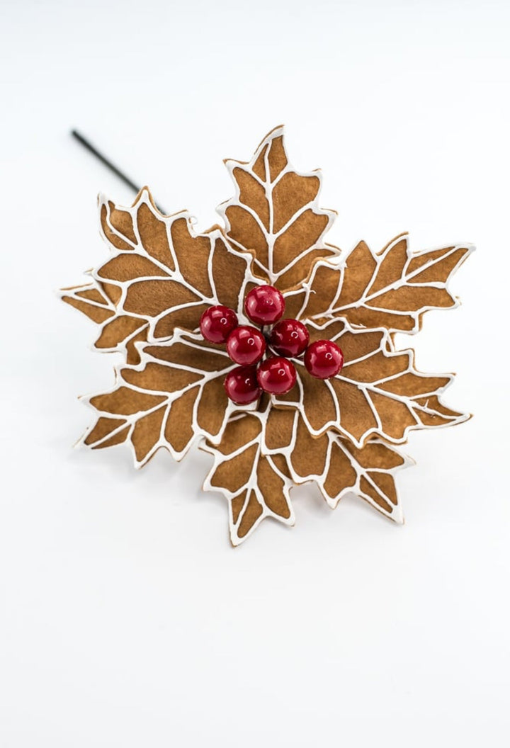 Gingerbread poinsettia stem with red berries - Greenery MarketXS3953