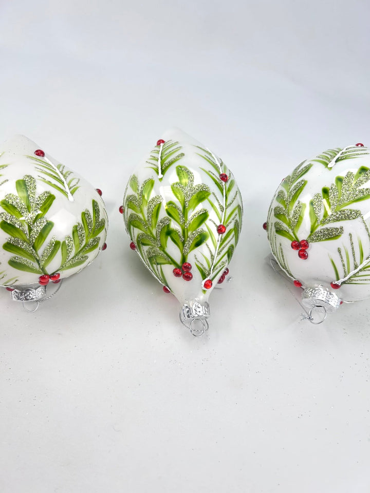Glass Holly Gem Ornaments - 3 assorted - Greenery MarketXT1276 Set of 3