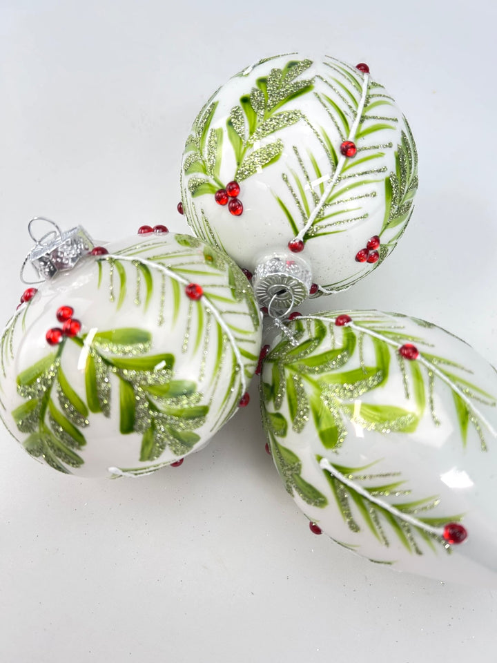Glass Holly Gem Ornaments - 3 assorted - Greenery MarketXT1276 Set of 3