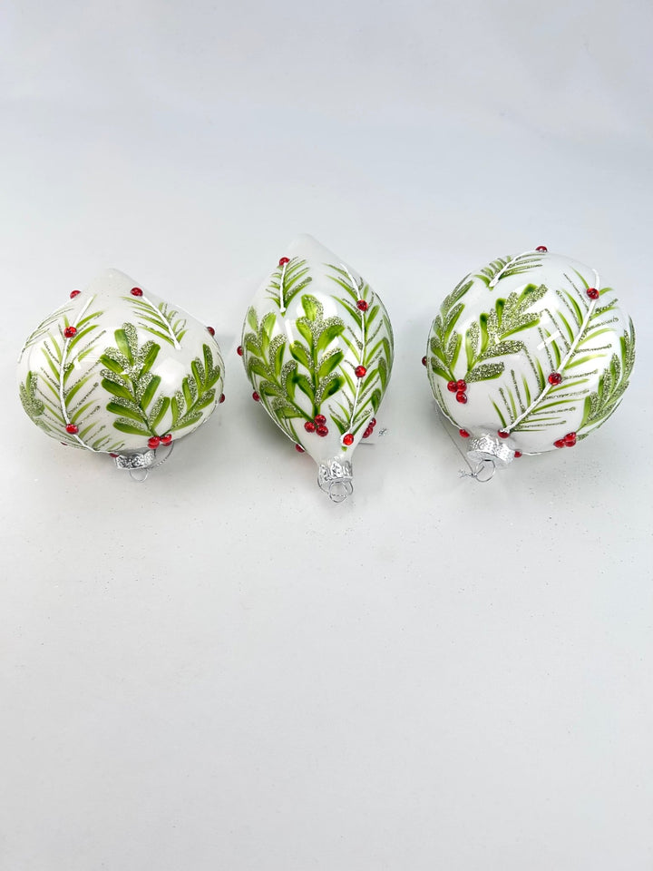 Glass Holly Gem Ornaments - 3 assorted - Greenery MarketXT1276 Set of 3