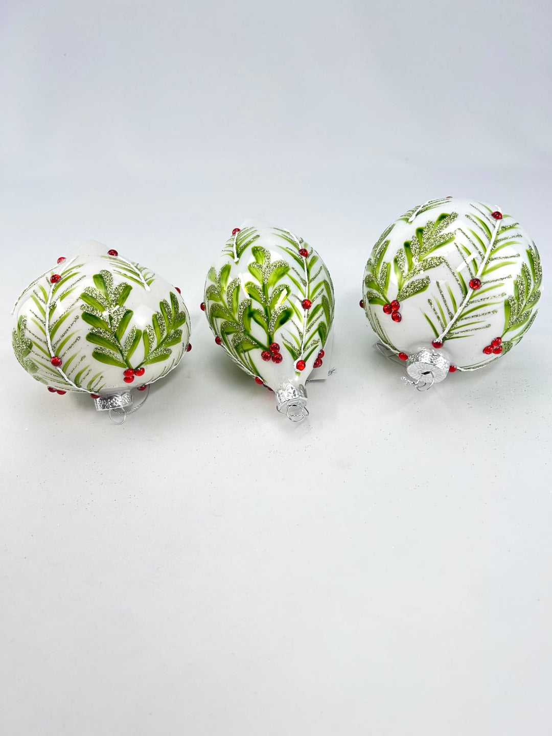 Glass Holly Gem Ornaments - 3 assorted - Greenery MarketXT1276 Set of 3