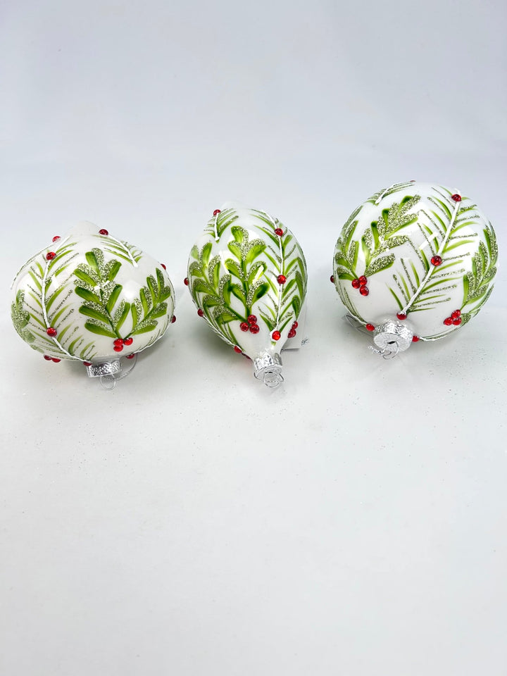 Glass Holly Gem Ornaments - 3 assorted - Greenery MarketXT1276 Set of 3