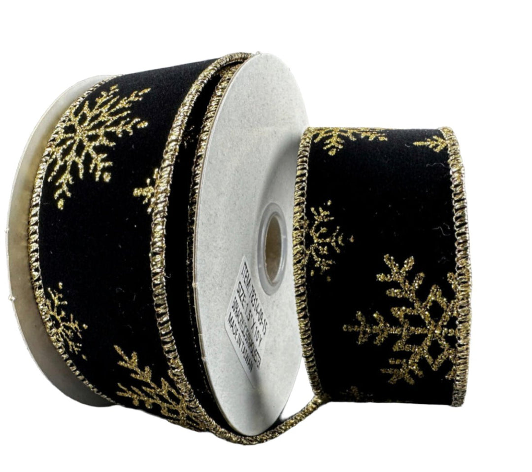 Gold and black snowflake on velvet wired ribbon, 1.5" - Greenery MarketRibbons & Trim78314-09-15