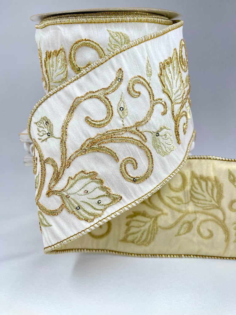 Gold and cream dupion leaf wired ribbon 4” - Greenery Market