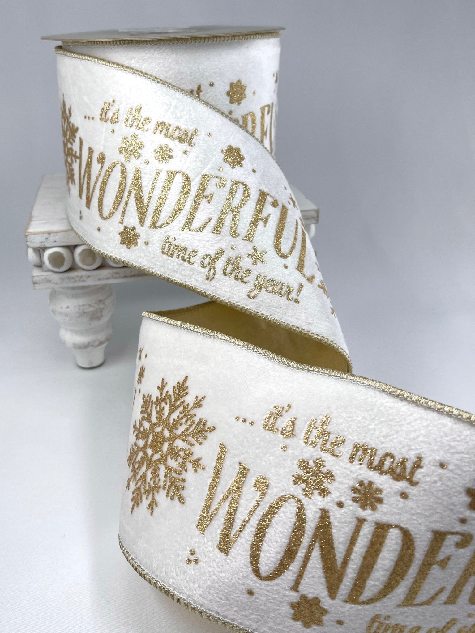 Gold and cream most wonderful time wired ribbon 4” - Greenery Market