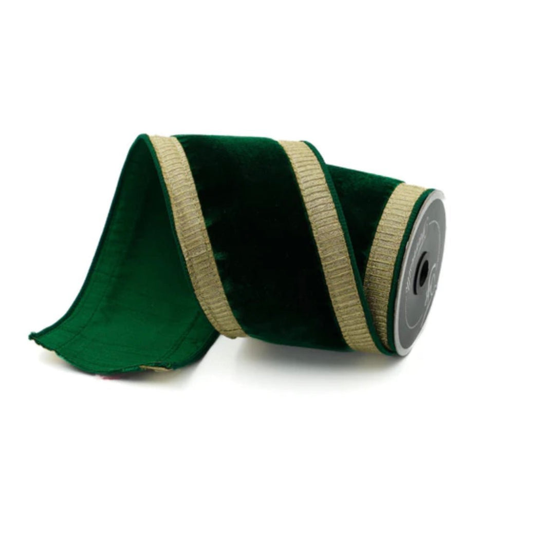 Gold and emerald green plush velvet with pleated border 4” farrisilk wired ribbon - Greenery MarketRibbons & TrimRK300 - 55