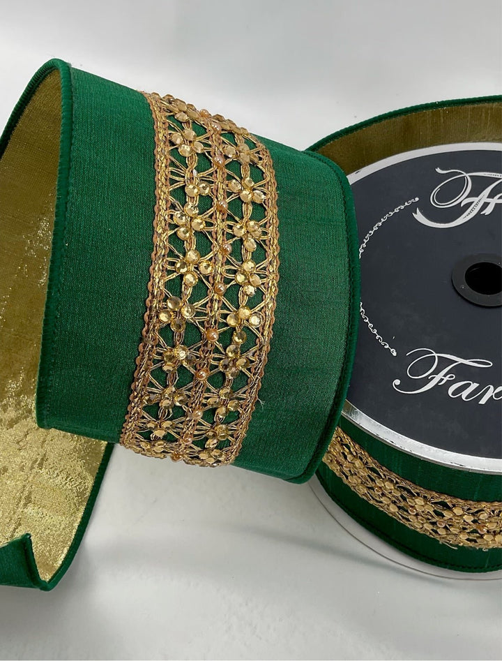 Gold and emerald green velvet 4” Farrisilk wired ribbon - Greenery MarketRibbons & TrimRK410 - 55