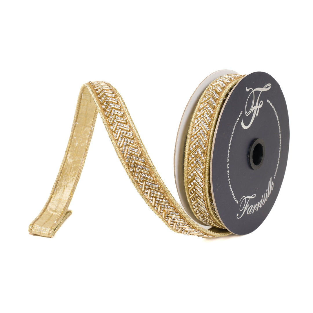 Gold Chevron Crystal Trim Farrisilk Wired Ribbon - .75" - Greenery MarketRK812 - 50