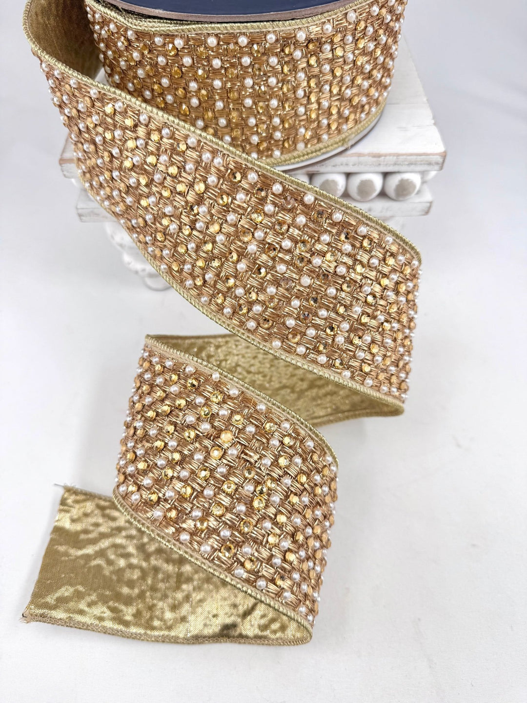 Gold Diamonds And Pearls Farrisilk Wired Ribbon - 2.5" - Greenery MarketRK884-50
