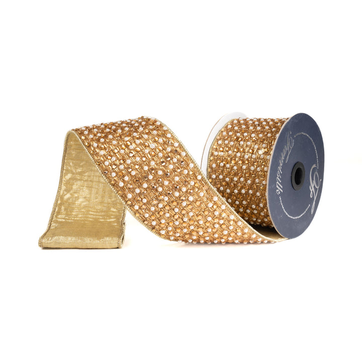 Gold Diamonds And Pearls Farrisilk Wired Ribbon - 2.5" - Greenery MarketRK884-50
