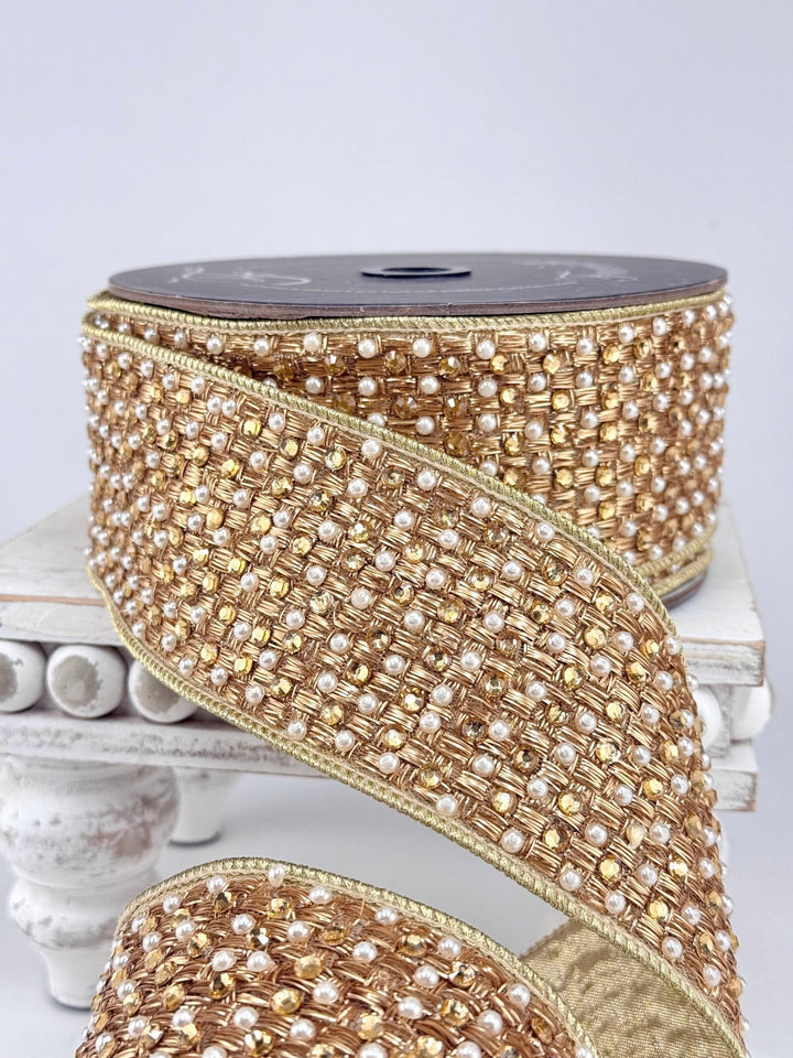 Gold Diamonds And Pearls Farrisilk Wired Ribbon - 2.5" - Greenery MarketRK884-50