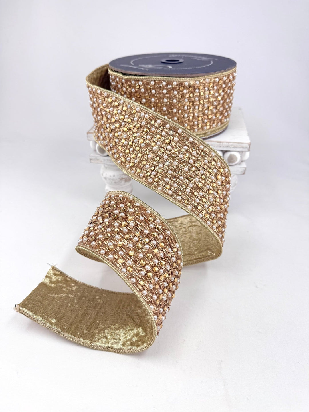 Gold Diamonds And Pearls Farrisilk Wired Ribbon - 2.5" - Greenery MarketRK884-50