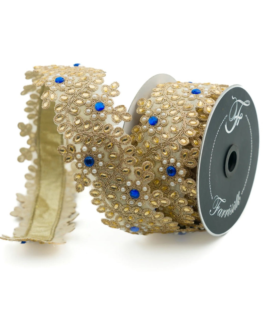 Gold Farrisilk pearl and blue gem floral tree ribbon - 2.5” - Greenery Marketwired ribbonRK335 - 26