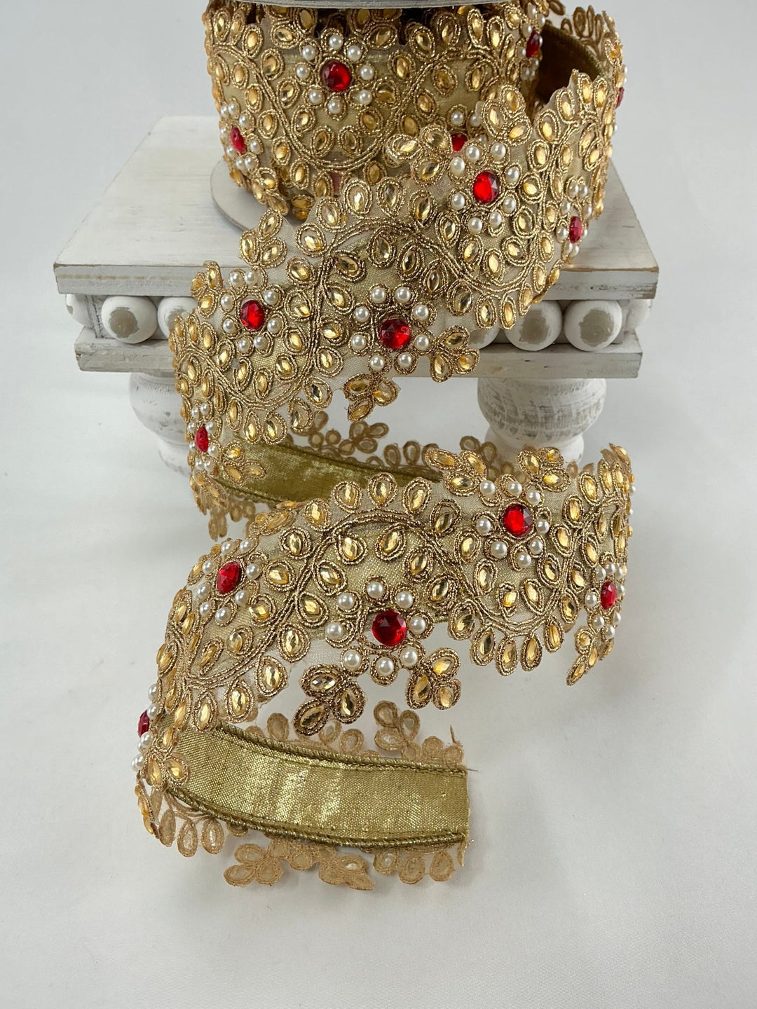 Gold Farrisilk pearl and red gem floral tree ribbon - 2.5” - Greenery Marketwired ribbonRK335 - 02