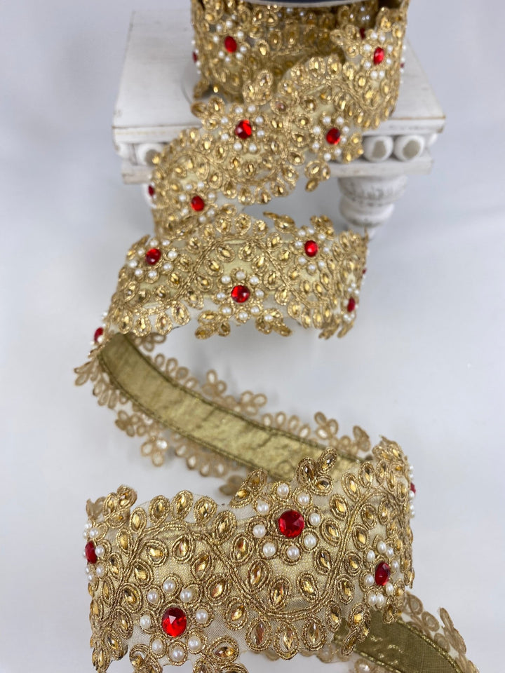 Gold Farrisilk pearl and red gem floral tree ribbon - 2.5” - Greenery Marketwired ribbonRK335 - 02