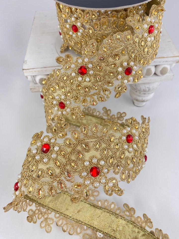 Gold Farrisilk pearl and red gem floral tree ribbon - 2.5” - Greenery Marketwired ribbonRK335 - 02