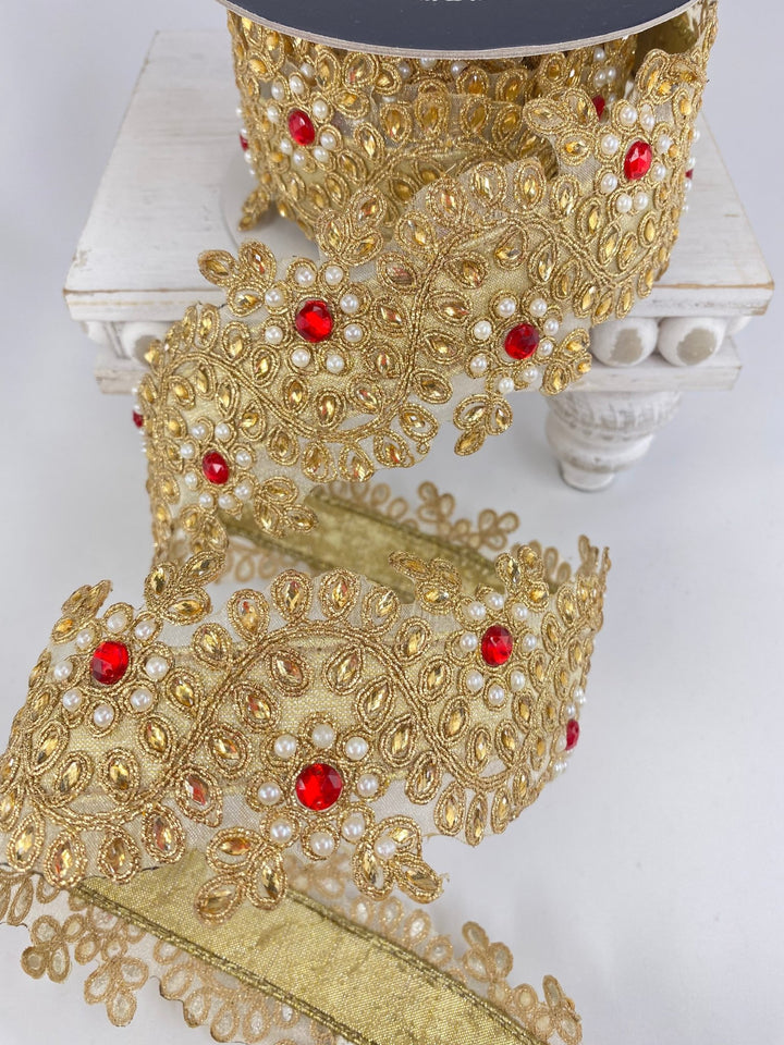 Gold Farrisilk pearl and red gem floral tree ribbon - 2.5” - Greenery Marketwired ribbonRK335 - 02