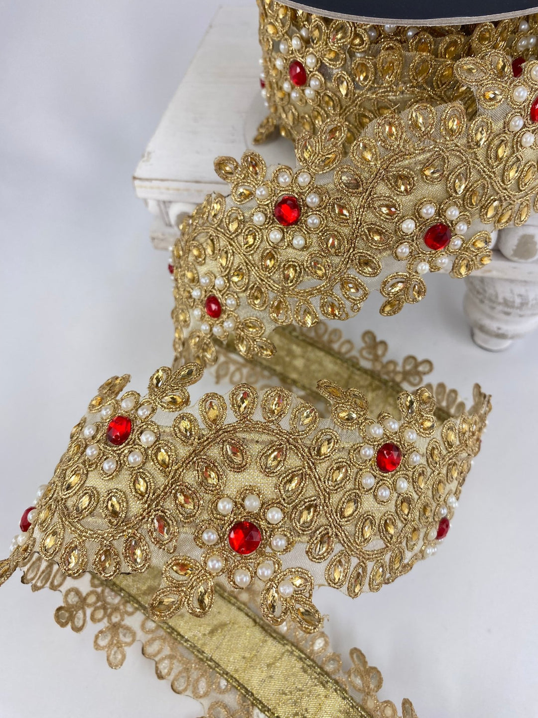 Gold Farrisilk pearl and red gem floral tree ribbon - 2.5” - Greenery Marketwired ribbonRK335 - 02