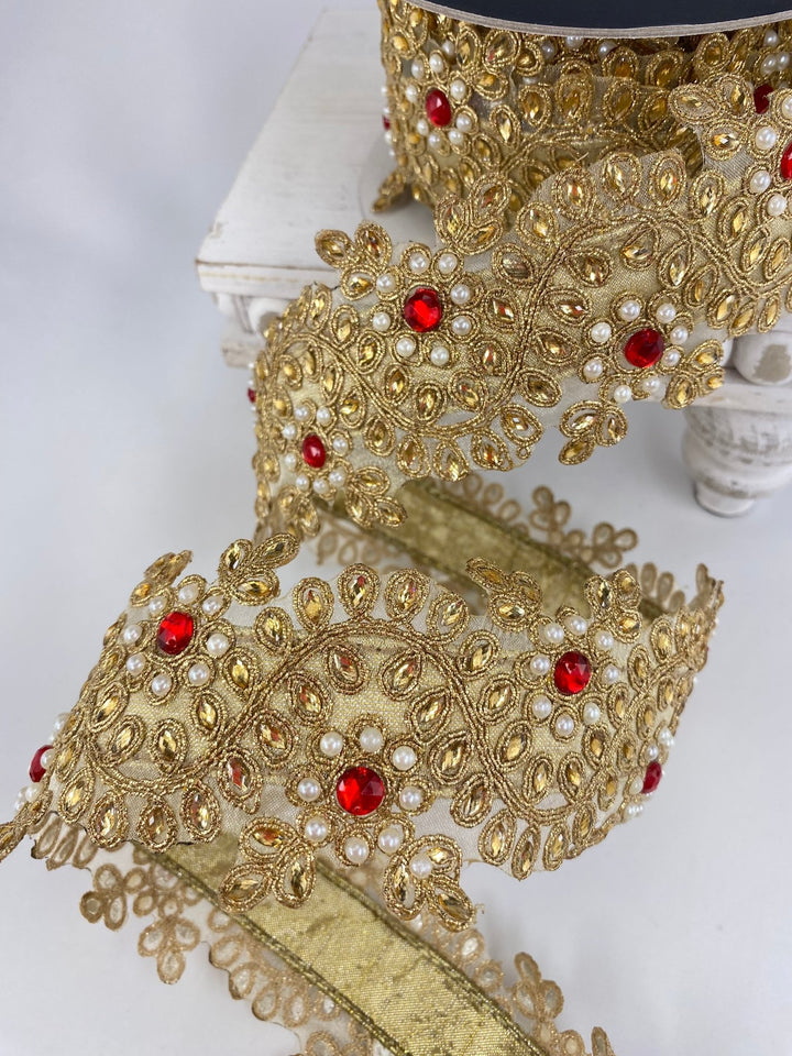 Gold Farrisilk pearl and red gem floral tree ribbon - 2.5” - Greenery Marketwired ribbonRK335 - 02