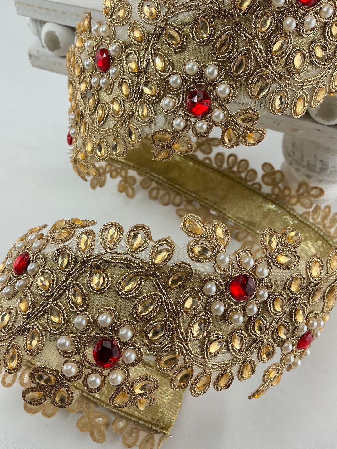 Gold Farrisilk pearl and red gem floral tree ribbon - 2.5” - Greenery Marketwired ribbonRK335 - 02