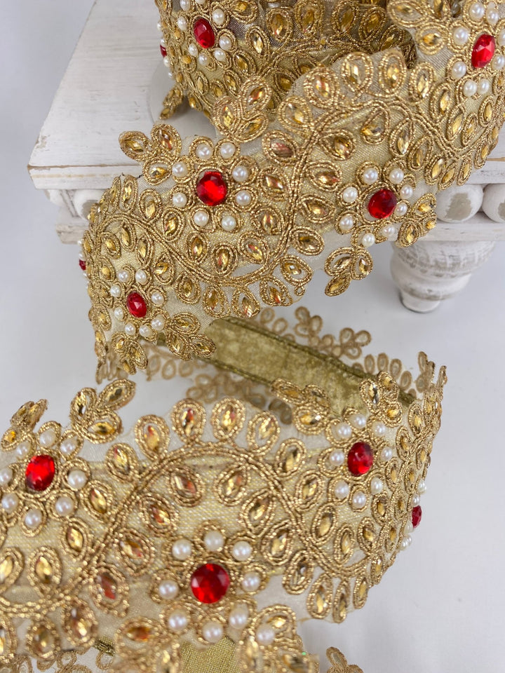 Gold Farrisilk pearl and red gem floral tree ribbon - 2.5” - Greenery Marketwired ribbonRK335 - 02