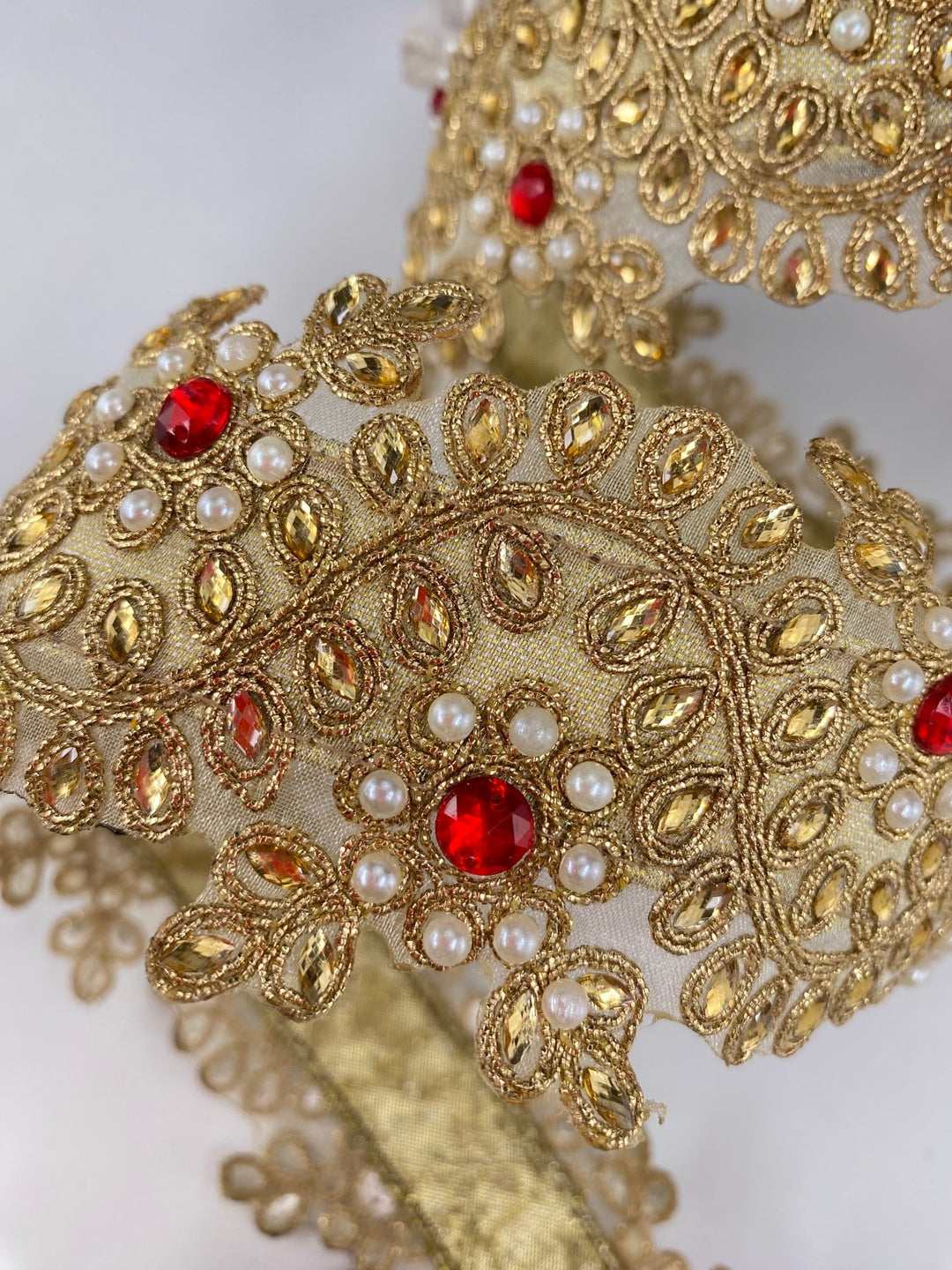 Gold Farrisilk pearl and red gem floral tree ribbon - 2.5” - Greenery Marketwired ribbonRK335 - 02