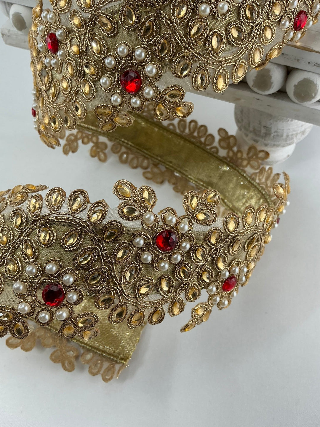 Gold Farrisilk pearl and red gem floral tree ribbon - 2.5” - Greenery Marketwired ribbonRK335 - 02