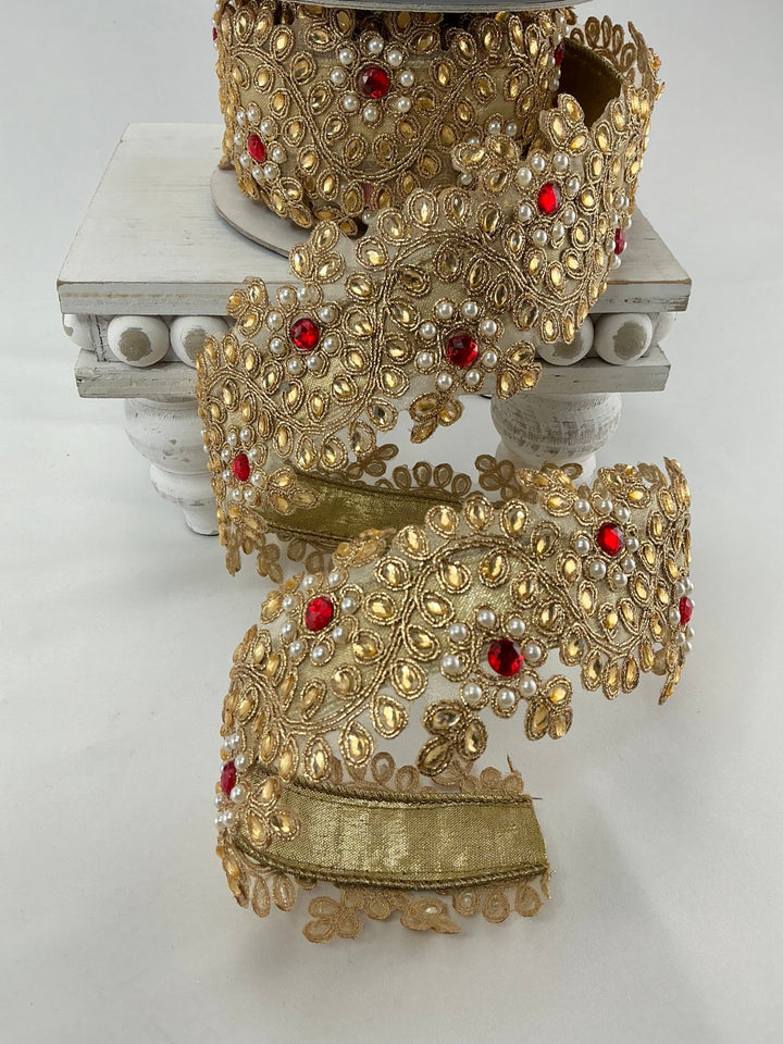 Gold Farrisilk pearl and red gem floral tree ribbon - 2.5” - Greenery Marketwired ribbonRK335 - 02