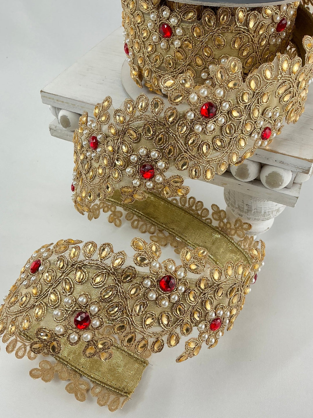 Gold Farrisilk pearl and red gem floral tree ribbon - 2.5” - Greenery Marketwired ribbonRK335 - 02