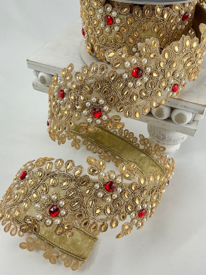 Gold Farrisilk pearl and red gem floral tree ribbon - 2.5” - Greenery Marketwired ribbonRK335 - 02