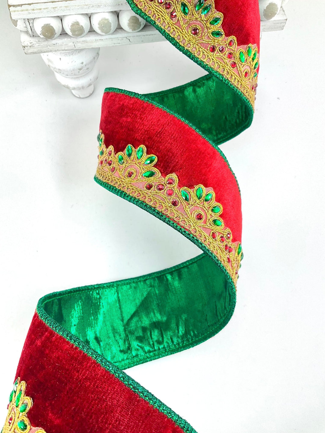 Gold Scallope Jewel Trim Wired Premium Velvet Ribbon - 2.5" - Greenery Market7053W-250-63C