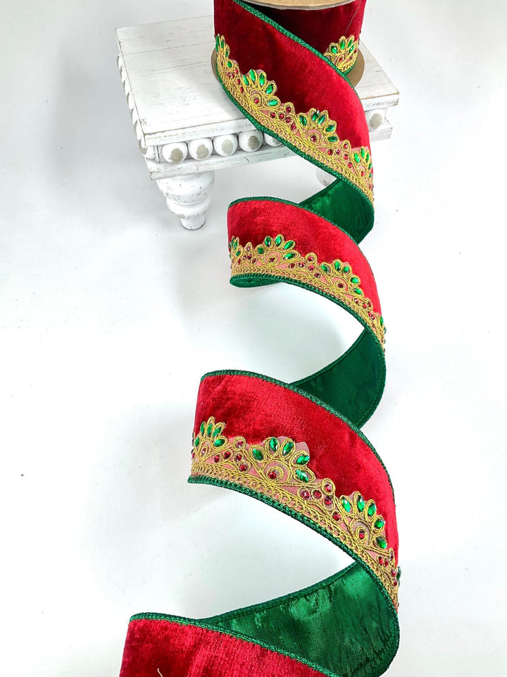 Gold Scallope Jewel Trim Wired Premium Velvet Ribbon - 2.5" - Greenery Market7053W-250-63C