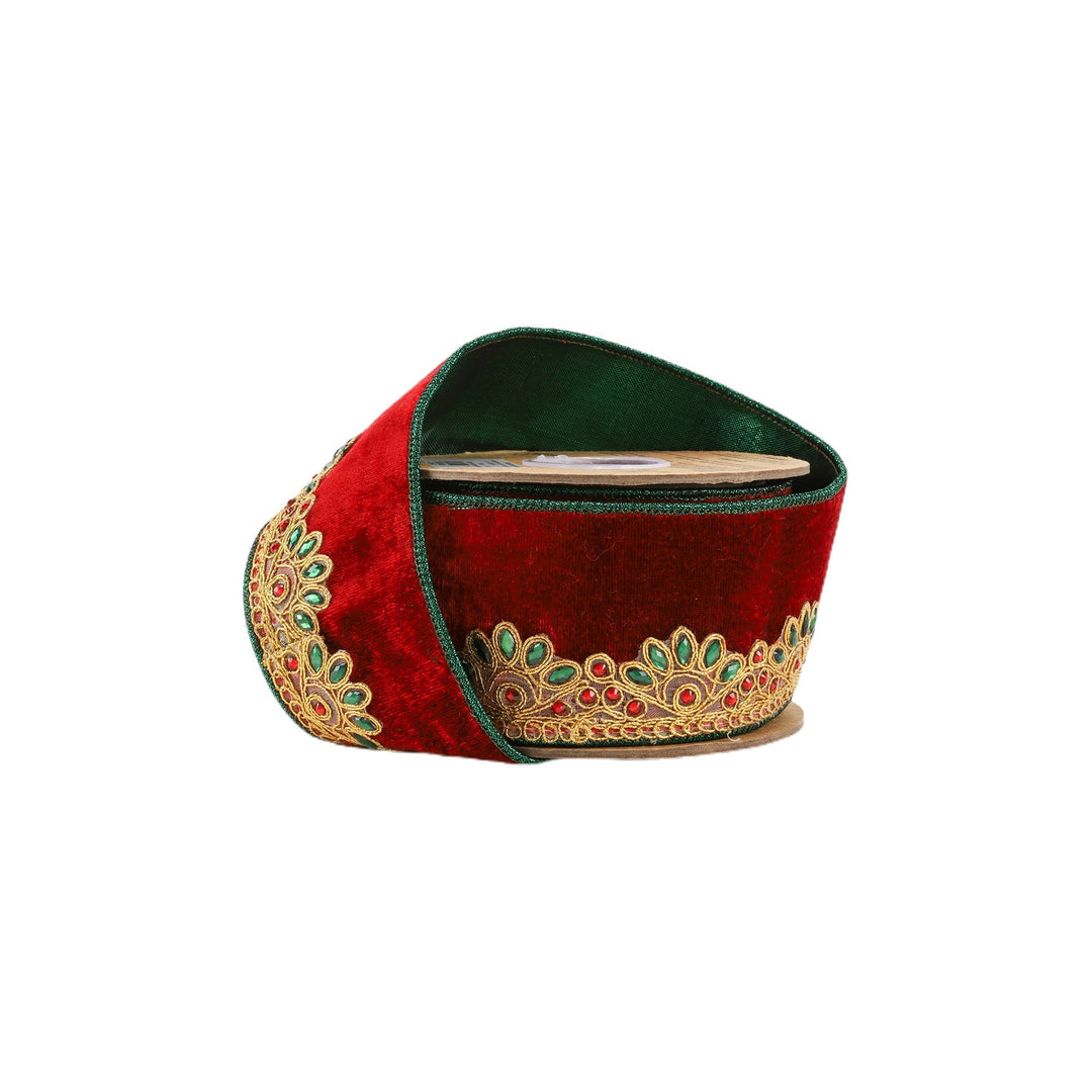 Gold Scallope Jewel Trim Wired Premium Velvet Ribbon - 2.5" - Greenery Market7053W - 250 - 63C