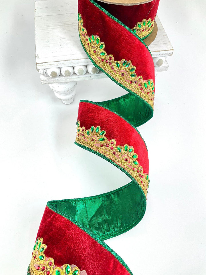 Gold Scallope Jewel Trim Wired Premium Velvet Ribbon - 2.5" - Greenery Market7053W-250-63C