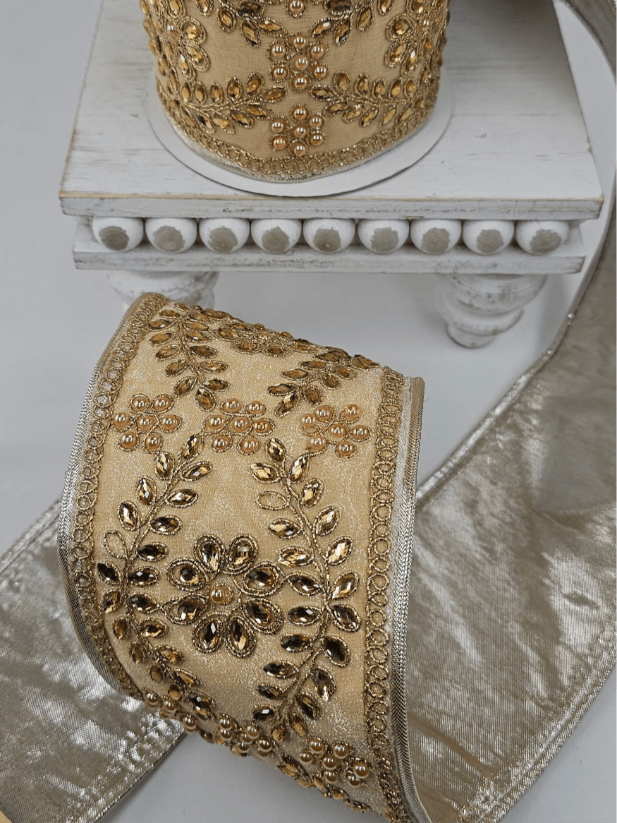 Gold Trim On Dupioni Metallic Ribbon - 4" - Greenery MarketXR595/4GO