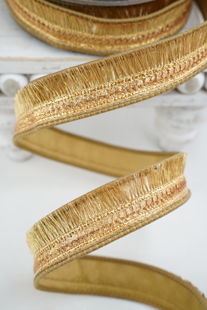 Gold Trim Velvet Fringe Wired Ribbon 7/8” - Greenery MarketWired ribbon94371W-035-05D