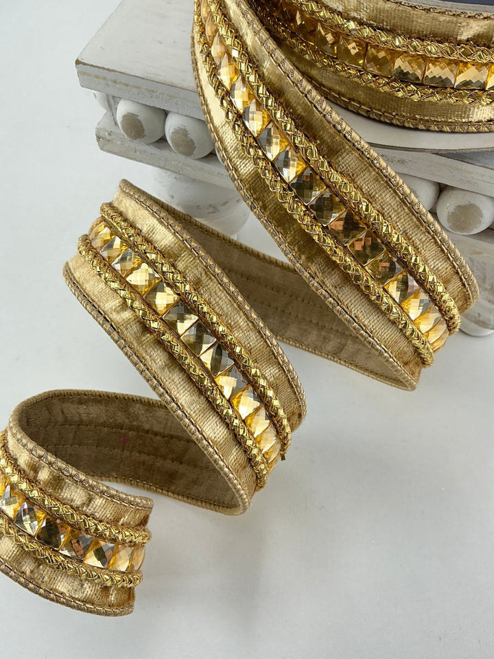 Gold velvet jewelry gemstones 1.5” farrisilk wired ribbon - Greenery MarketRibbons & TrimRG250 - 50